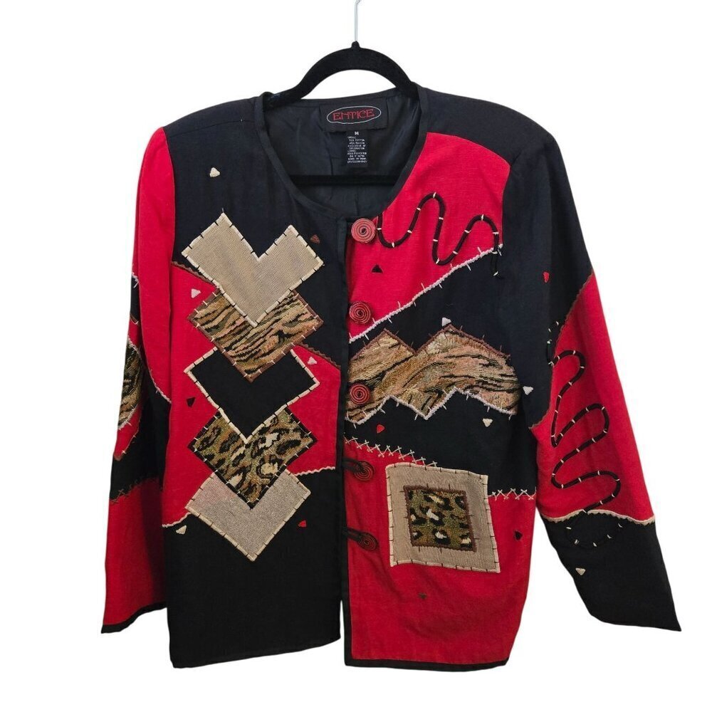 Vintage Art To Wear Bohemian Mixed Media Tee Black Animal Print Jacket Size M